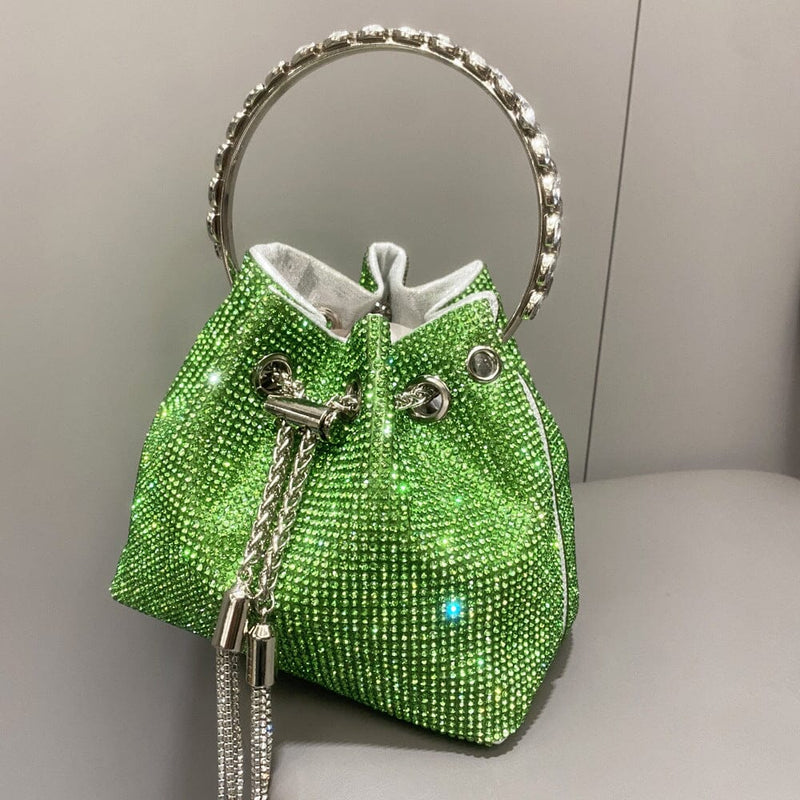 CRYSTAL EMBELLISHED BUCKET BAG IN GREEN