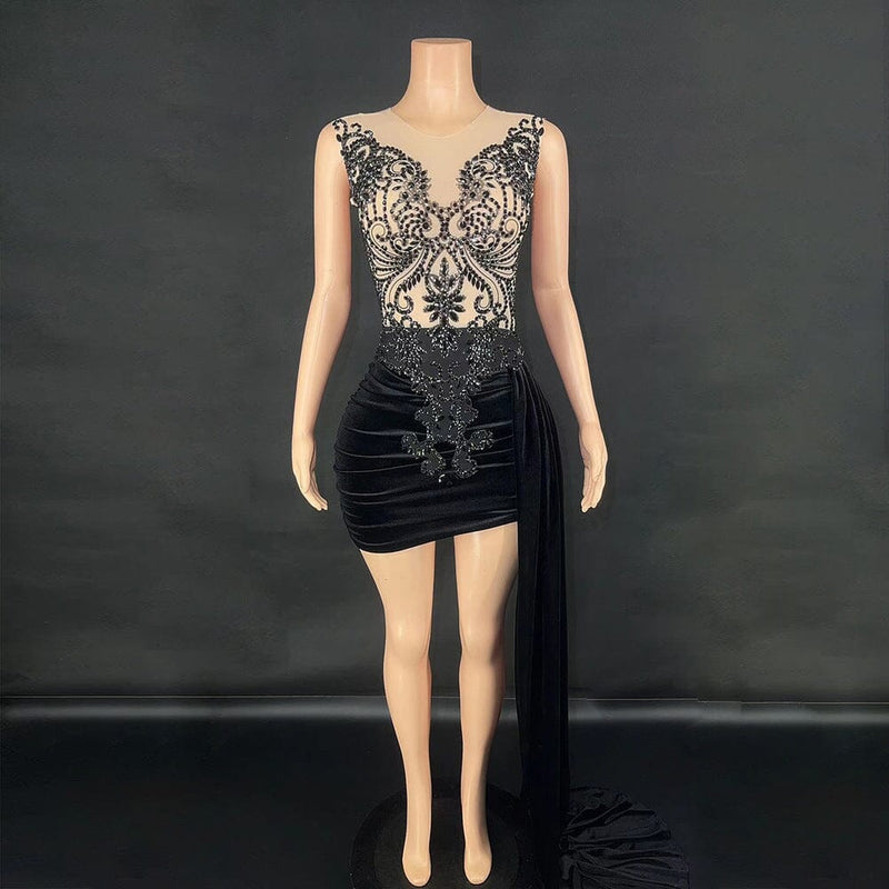 RHINESTONE DRAPED VELVET DRESS IN BLACK