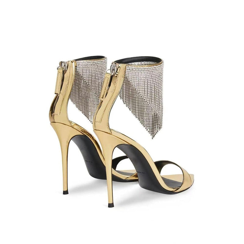 CRYSTAL TASSEL HEELS IN GOLD