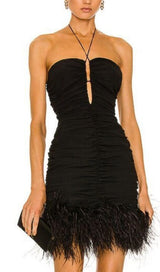 SEXY STRETCH OFF-SHOULDER FEATHER MINI DRESS IN BLACK