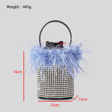 FEATHER RHINESTONE BUCKET BAG IN BLUE