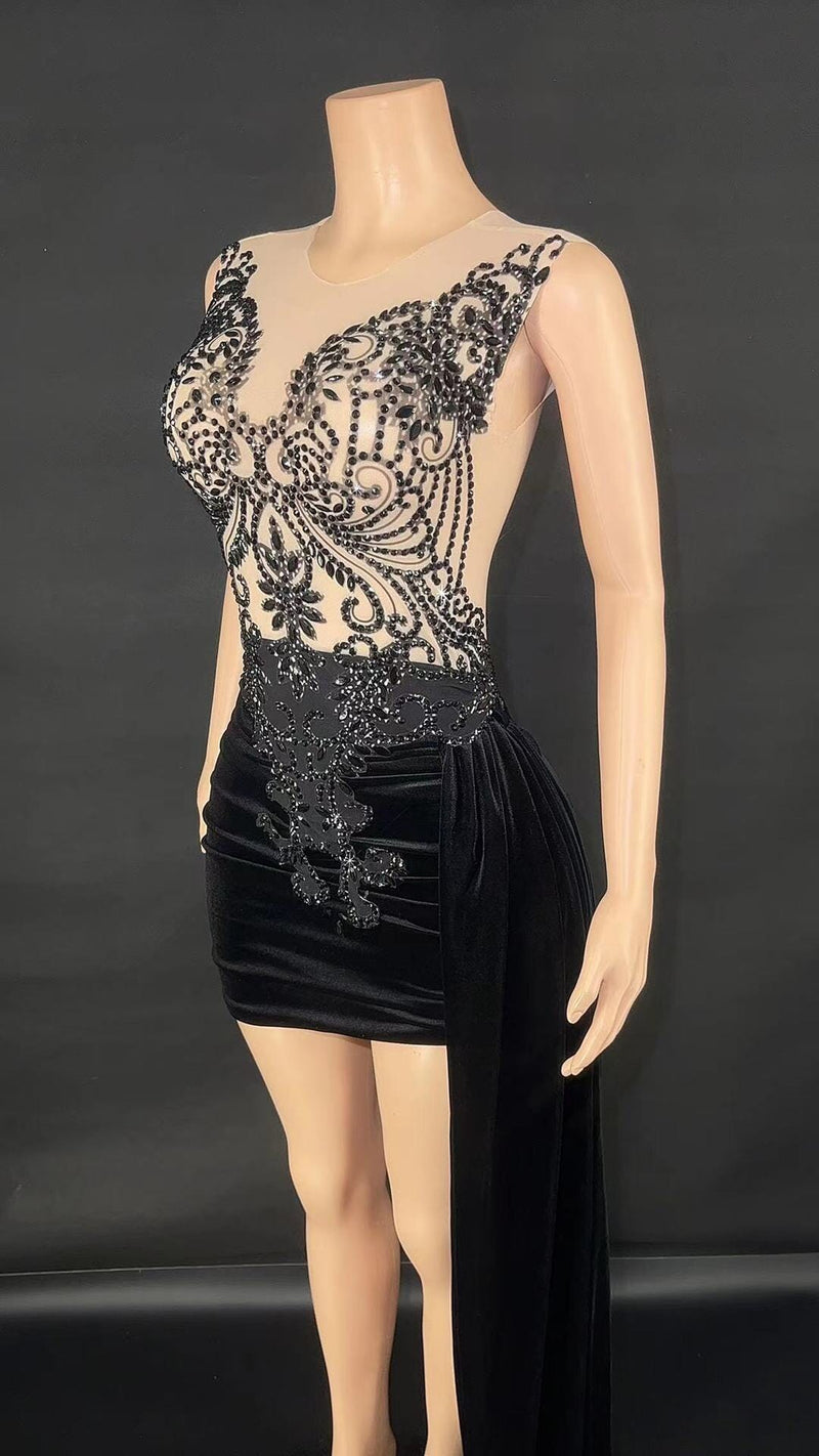 RHINESTONE DRAPED VELVET DRESS IN BLACK