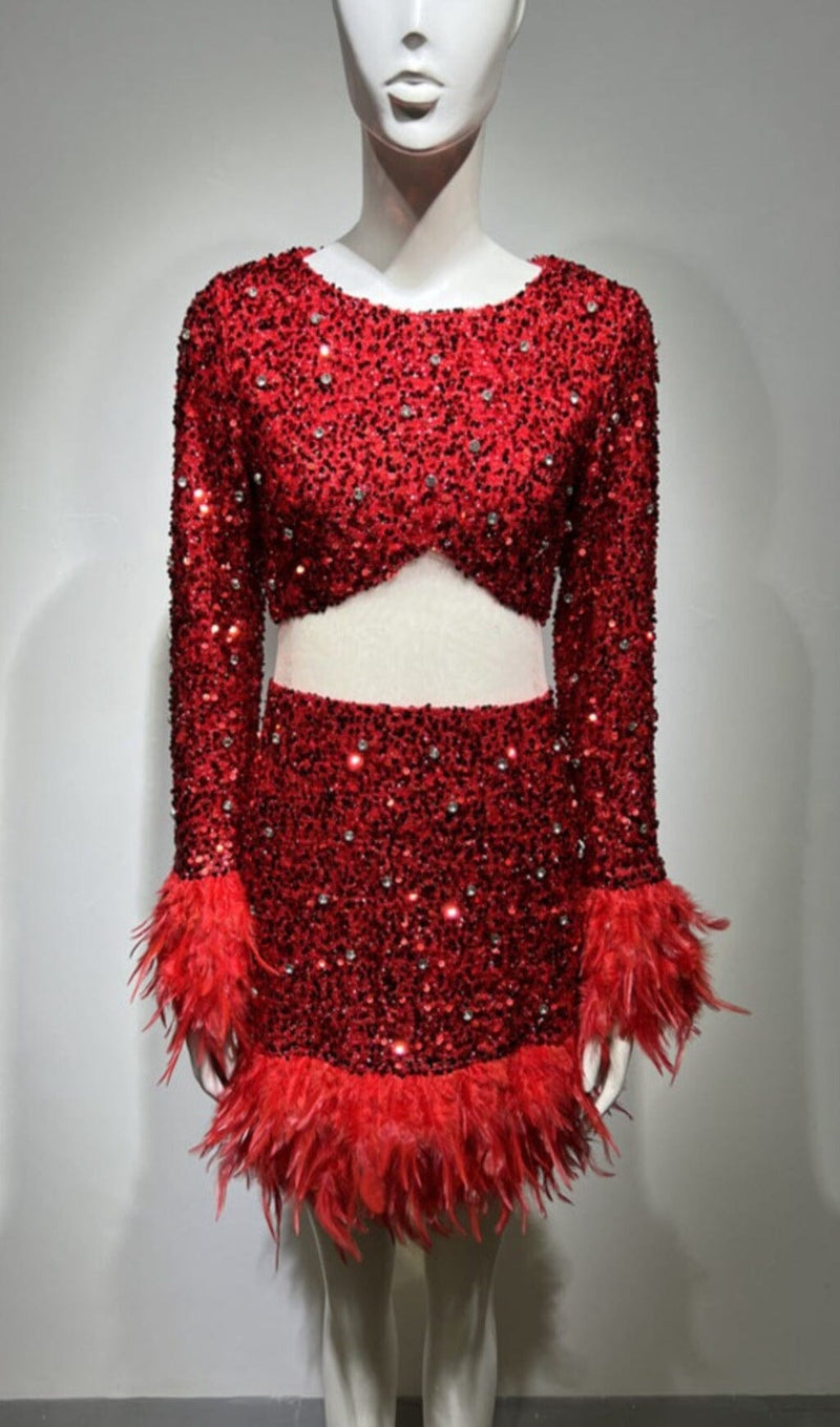 LONG SLEEVE PATCHWORK SEQUIN DRESS IN RED