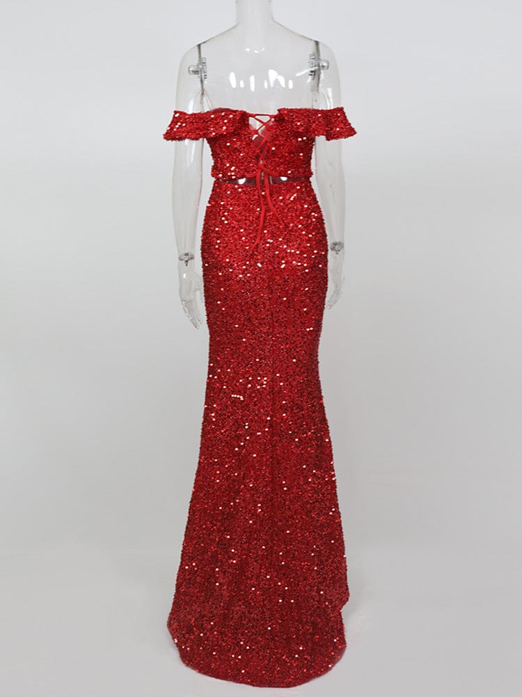 RED OFF-SHOULDER SEQUIN DRESS