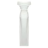 SLASH NECK PLEATED MAXI DRESS IN WHITE