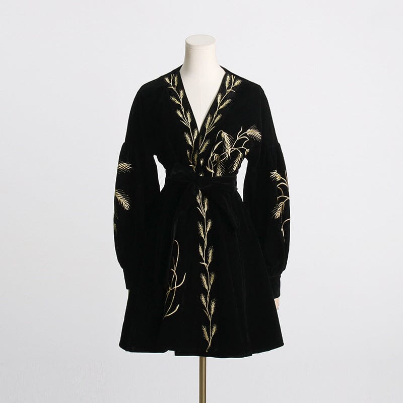 PLANTS EMBROIDERED VELVET COAT DRESS