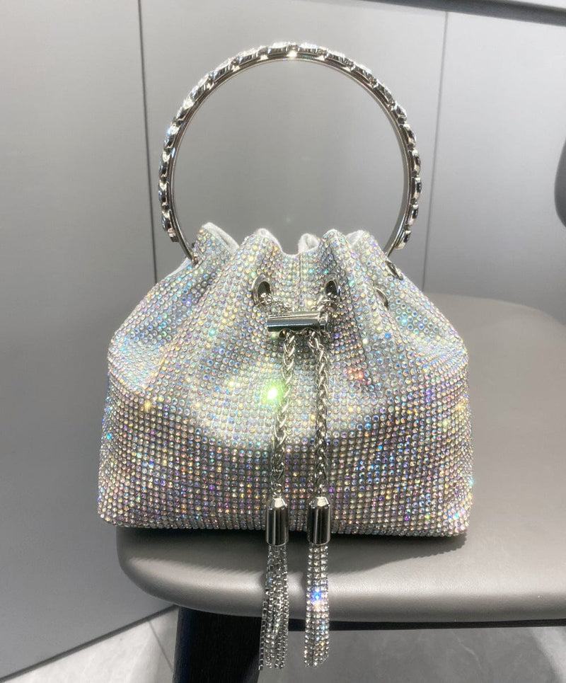 CRYSTAL EMBELLISHED BUCKET BAG IN SILVER