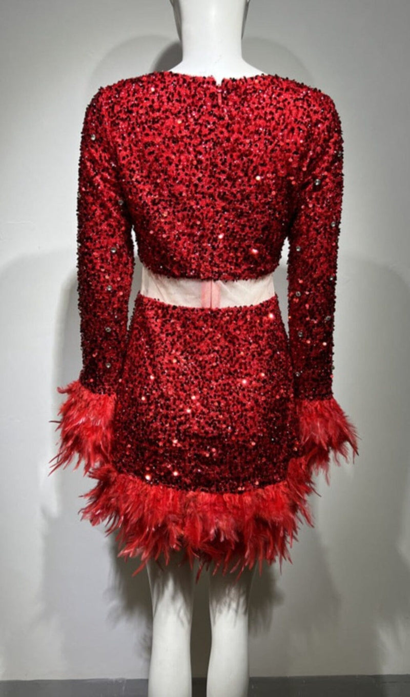 LONG SLEEVE PATCHWORK SEQUIN DRESS IN RED