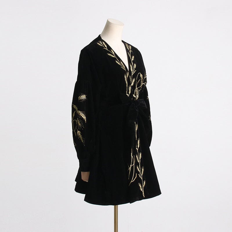 PLANTS EMBROIDERED VELVET COAT DRESS