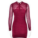 LONG SLEEVE RUCHED MESH DRESS IN WINE