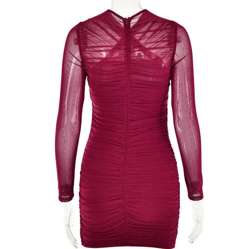 LONG SLEEVE RUCHED MESH DRESS IN WINE