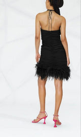 SEXY STRETCH OFF-SHOULDER FEATHER MINI DRESS IN BLACK