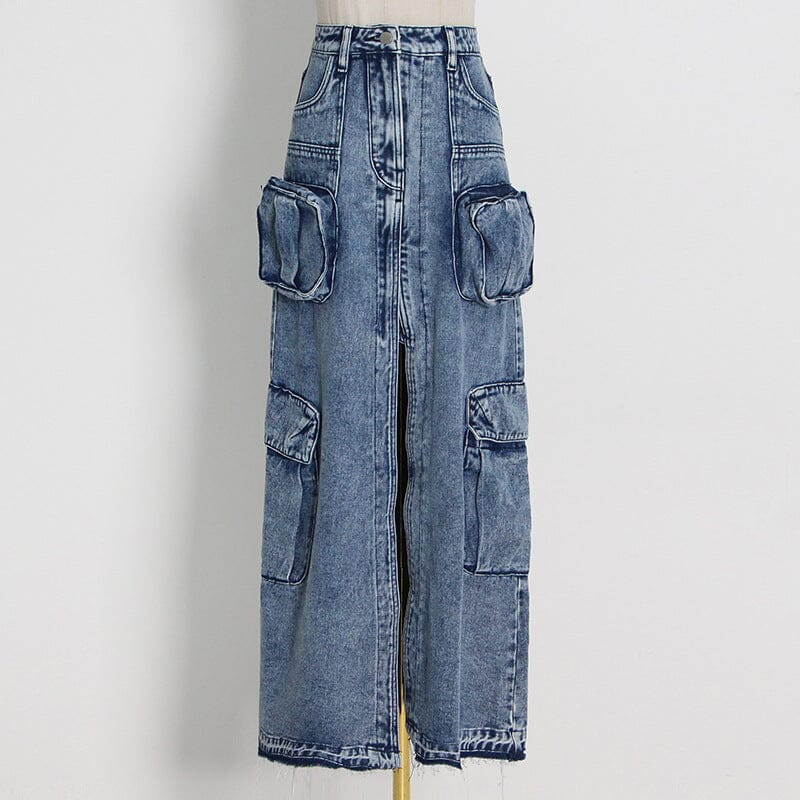 POCKET SPLIT DENIM SKIRT IN BLUE