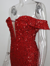 RED OFF-SHOULDER SEQUIN DRESS