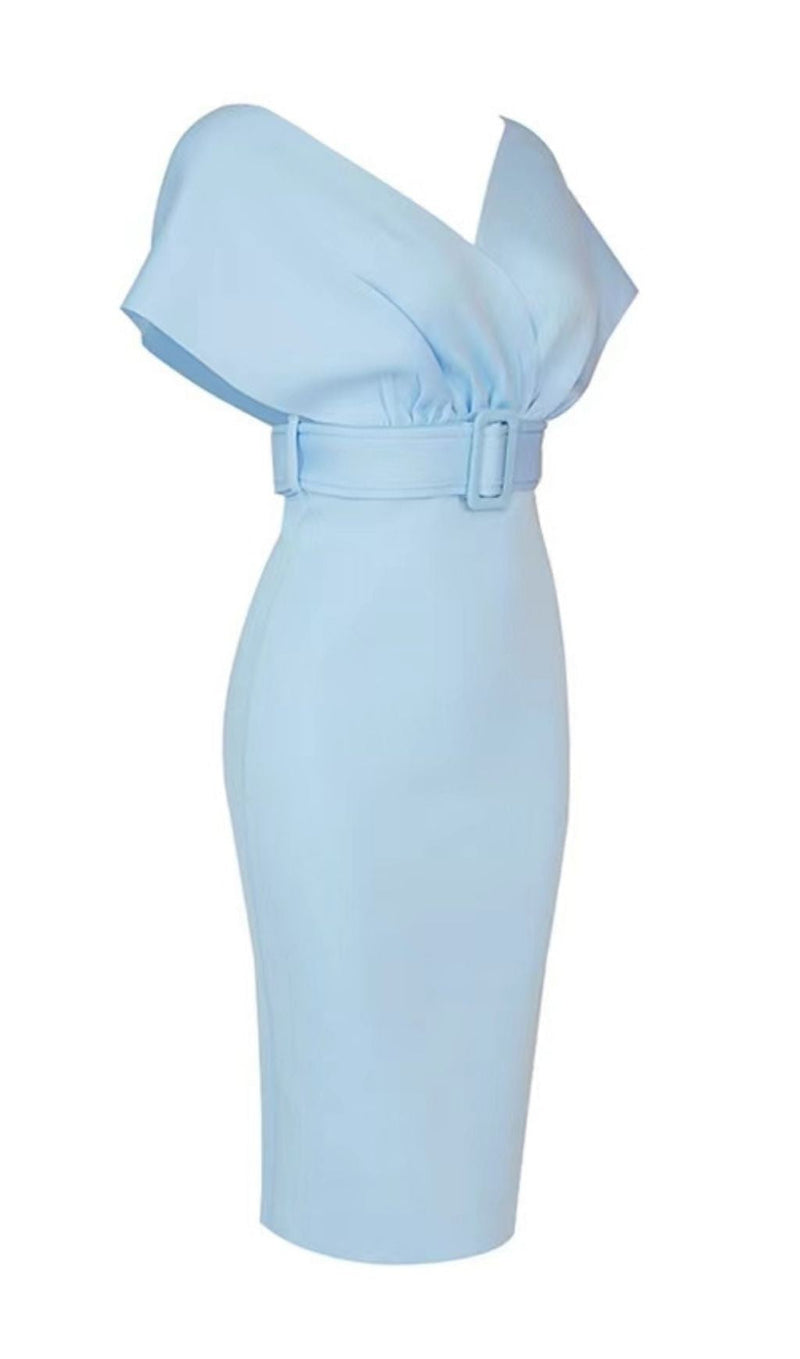 OFF SHOULDER V NECK BODYCON MIDI DRESS IN BLUE