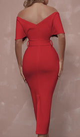 OFF SHOULDER V NECK BODYCON MIDI DRESS IN RED