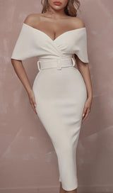 OFF SHOULDER V NECK BODYCON MIDI DRESS IN WHITE