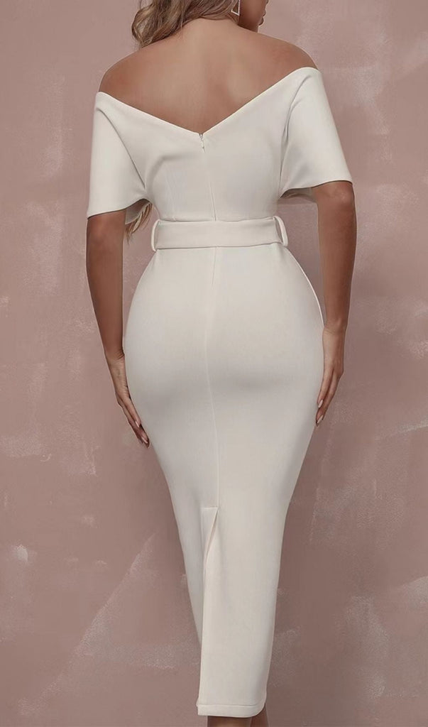 OFF SHOULDER V NECK BODYCON MIDI DRESS IN WHITE