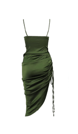 OLIVE GREEN SLIT PLEATED SLING MIDI DRESS