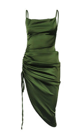 OLIVE GREEN SLIT PLEATED SLING MIDI DRESS