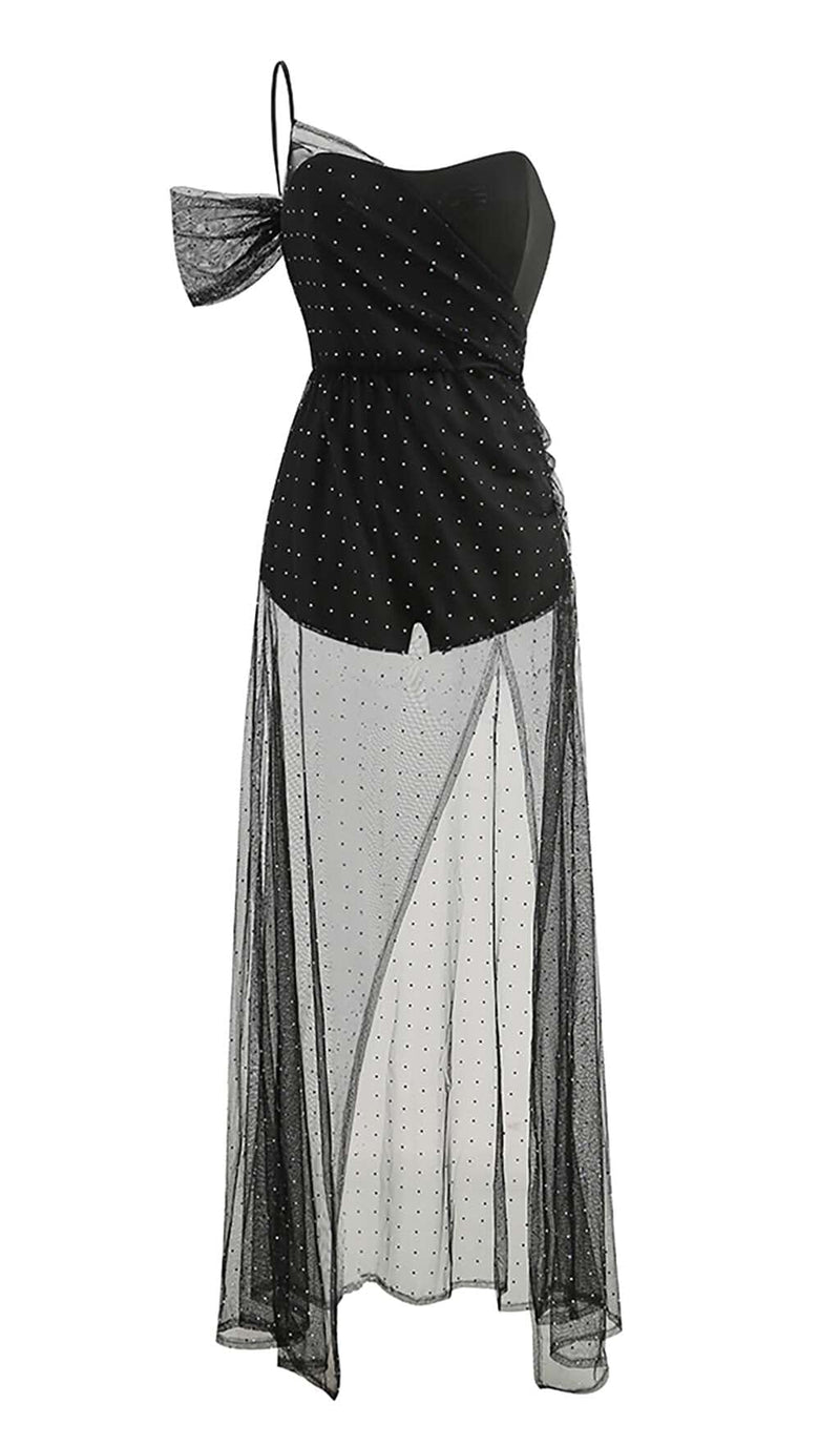 ONE-SHOULDER RHINESTONE MESH MAXI DRESS IN BLACK