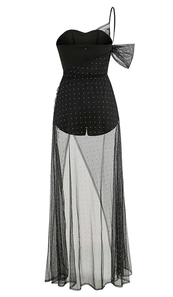 ONE-SHOULDER RHINESTONE MESH MAXI DRESS IN BLACK