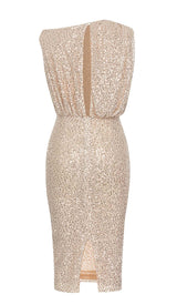 ONE SHOULDER SEQUIN MIDI DRESS IN ROSE GOLD