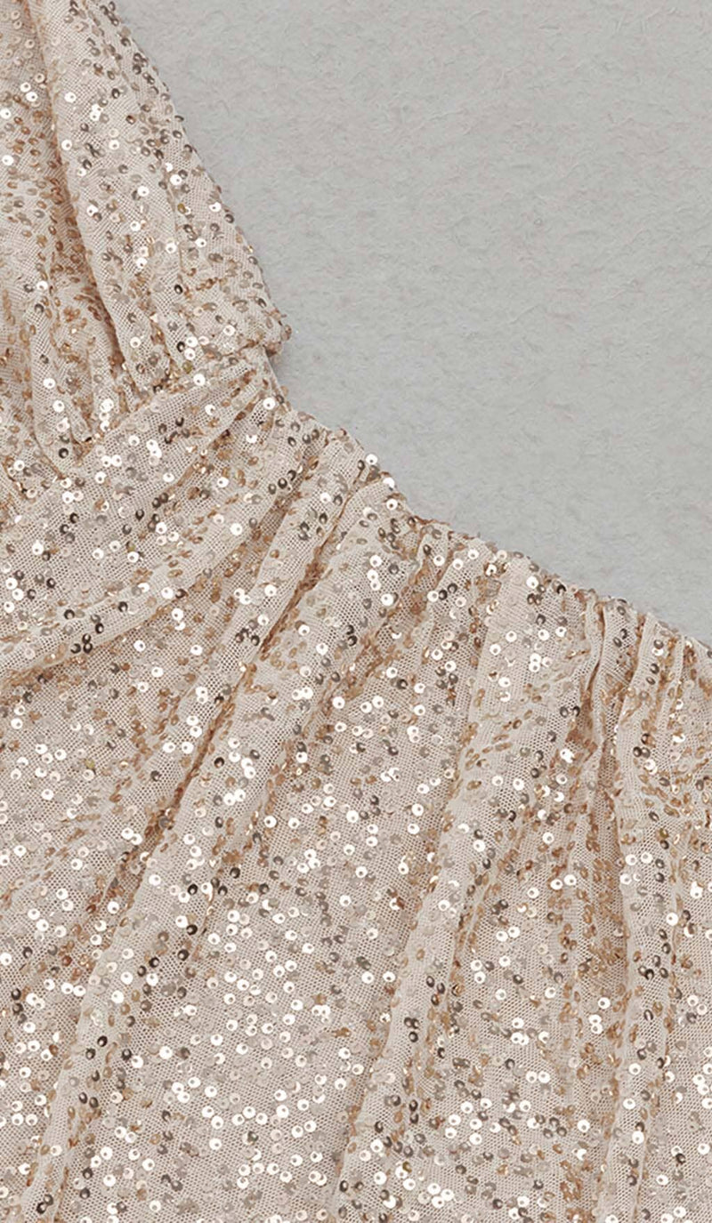 ONE SHOULDER SEQUIN MIDI DRESS IN ROSE GOLD