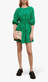 PAISLEY-EMBROIDERED MINI DRESS IN GREEN