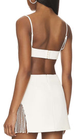 PEARL TRIM TOP WITH TASSEL MINI SKIRT IN WHITE