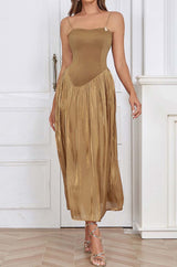 PLEATED STRAP MIDI DRESS IN TOBACCO