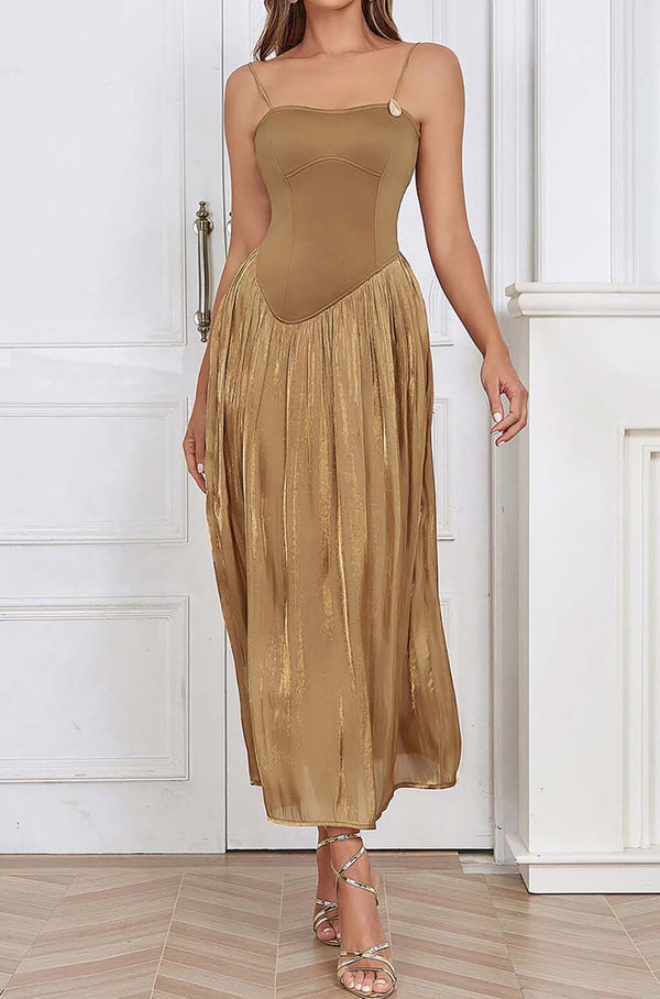 PLEATED STRAP MIDI DRESS IN TOBACCO