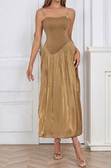 PLEATED STRAP MIDI DRESS IN TOBACCO