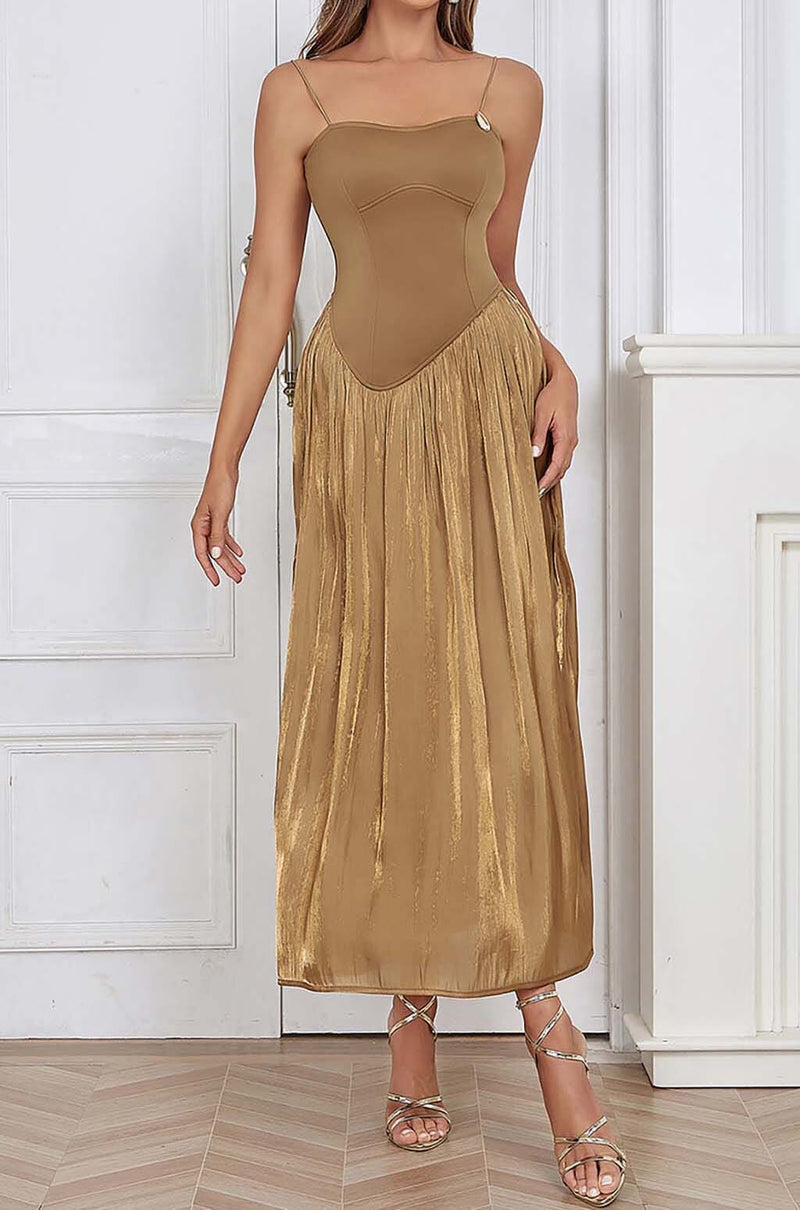 PLEATED STRAP MIDI DRESS IN TOBACCO