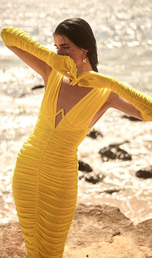 PLUNGE V NECKLINE WITH GLOVE MAXI DRESS IN YELLOW