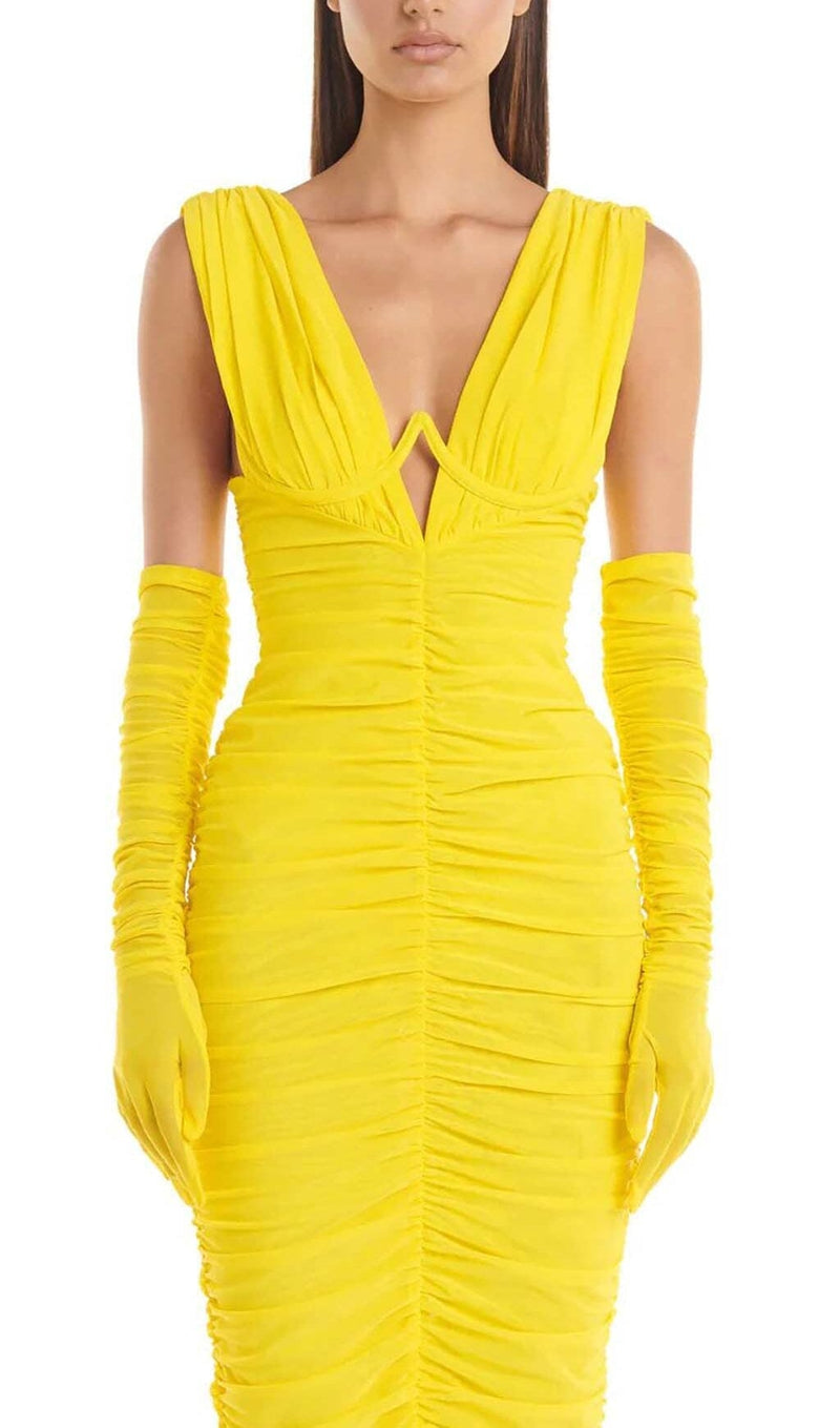 PLUNGE V NECKLINE WITH GLOVE MAXI DRESS IN YELLOW