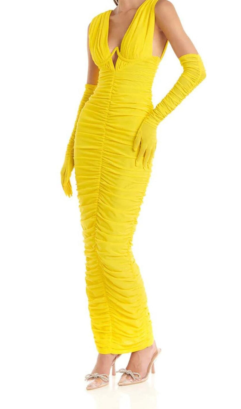 PLUNGE V NECKLINE WITH GLOVE MAXI DRESS IN YELLOW