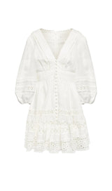 PLUNGING NECK LACE MINI DRESS IN WHITE