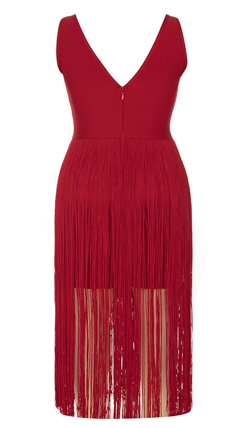 PLUS CUTOUT TASSEL MIDI DRESS IN RED