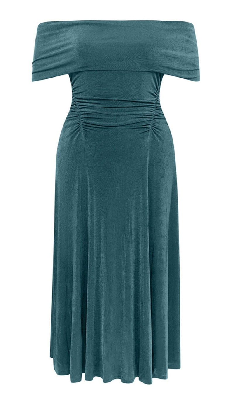 PLUS OFF SHOULDER MIDI DRESS IN GREEN