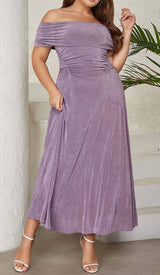 PLUS OFF SHOULDER MIDI DRESS IN PURPLE