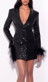 BLACK SEQUIN FEATHER TRIM BLAZER DRESS