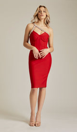 RED CRYSTAL STRAPS CROSET DRESS