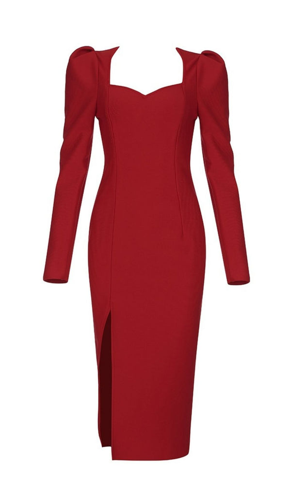 RED PUFF SEELVE BANDAGE MIDI DRESS