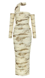 RUCHED BANDEAU MIDI DRESS IN BEIGE