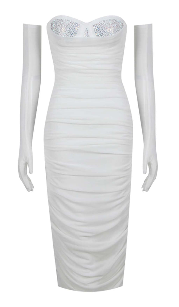 RUCHED BANDEAU MIDI DRESS IN WHITE