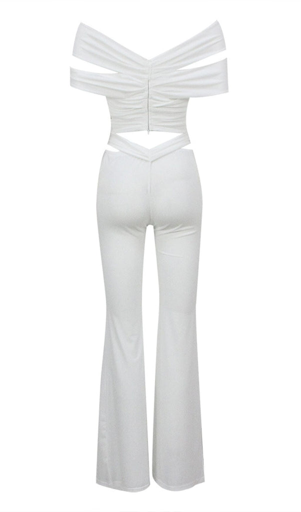 RUCHED CUTOUT FLARED TWO PIECE SET IN WHITE