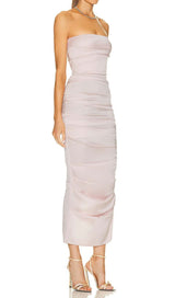 RUCHED OFF-SHOULDER SLIM MIDI DRESS IN PINK