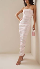 RUCHED OFF-SHOULDER SLIM MIDI DRESS IN PINK