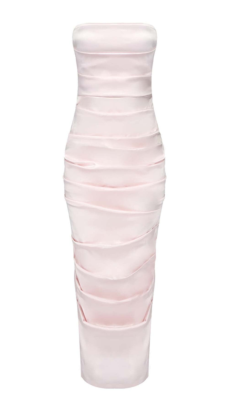 RUCHED OFF-SHOULDER SLIM MIDI DRESS IN PINK